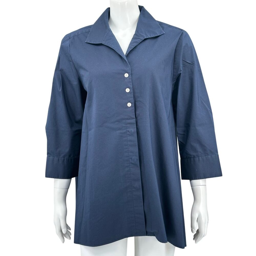 Hinson Wu Top Womens 14 Navy Button Up Tunic Stretch Lagenlook Minimalist Staple